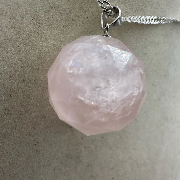 SOLD Rose Quartz 3D Round Pendant on Sterling Silver Chain - Picture 12 of 13